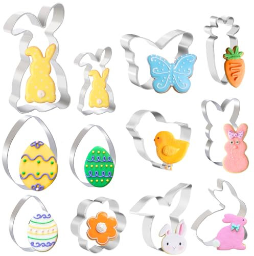 PTaizjjz Lot de 12 emporte-pièces de Pâques en acier inoxydable – Œuf de Pâques, poussin, papillon, fleur, lapin, tête de lapin, carotte pour biscuits de fête