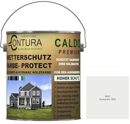 Contura Wetterschutzfarbe 2,5 Liter Holz Dauerschutzfarbe Deckend Buntlack Holzfarbe Holzlasur Seidenmatt (Weiß - RAL 9010 Analog)
