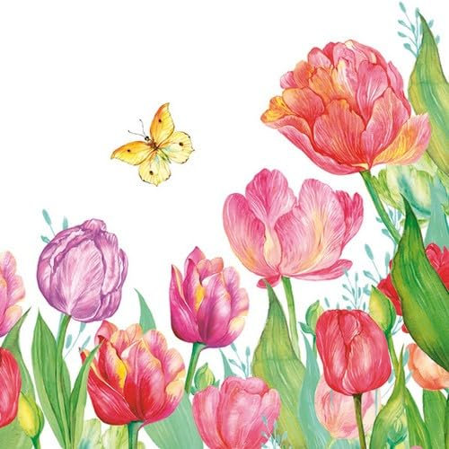 20 Servietten Frühling Schmetterling an schönen Tulpen als Tischdeko. Papierservietten mit Motiv. Auch für Decoupage und Serviettentechnik 33x33cm