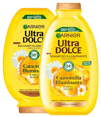 Garnier Ultra süßes Shampoo + Conditioner Kamille für helles Haar mit Blütenhonig, feuchtigkeitsspendend, entwirrend, schützend, Inhaltsstoffe natürlichen Ursprungs - 2 Flaschen