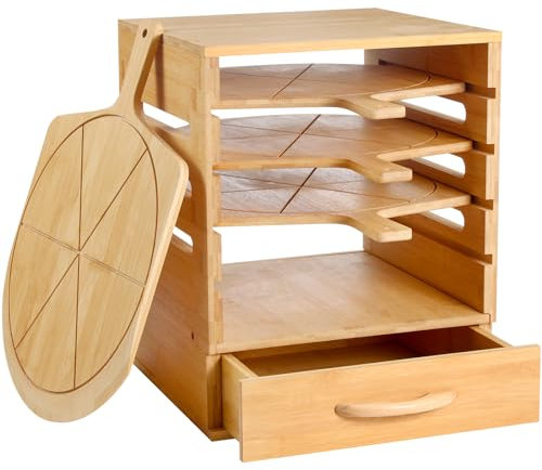 Essenhome Bamboo Pizza Peel Rack with 4 x 12 Inch Non-Stick Pizza Boards, Drawer for Seasonings, Stop Groove for Safe Handling, Ideal for Pizza Making and Serving