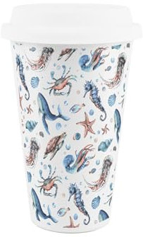 Sea Life Ceramic Travel Mug - Ocean Themed Whales Seashells Jellyfish Coastal Present - Reusable Silicone Lid Double-Walled Insulated Hot/Cold Drinks Tea Coffee Gift Mug
