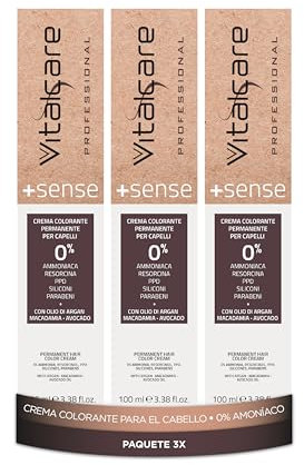 Vitalcare | +Sense, Colorazione Permanente Professionale, Crema Colorante Capelli, No Ammoniaca, Resorcina, Siliconi, Con Olio Di Argan, Macadamia e Avocado, 7/4 Biondo Rame, 3 pz x 100ml