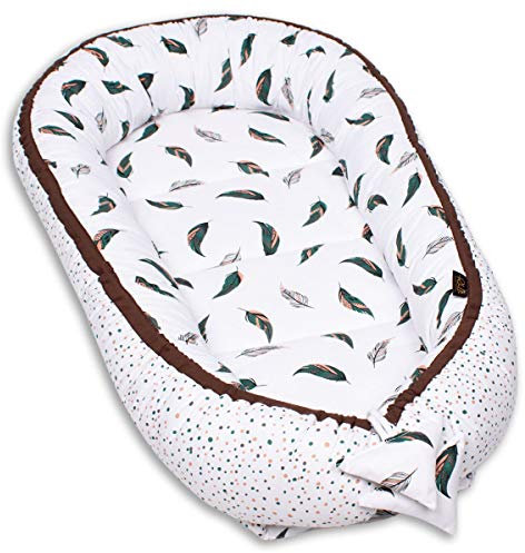 PaLulli Kuschelnest 2-seitig Babynest Babynestchen Baby Nest Nestchen Reisebett Wickelauflage Kuschelbett, Kokon Kokon für Babybett - Babys und Säuglinge, 100% Baumwolle Oeko TEX (Feathers)