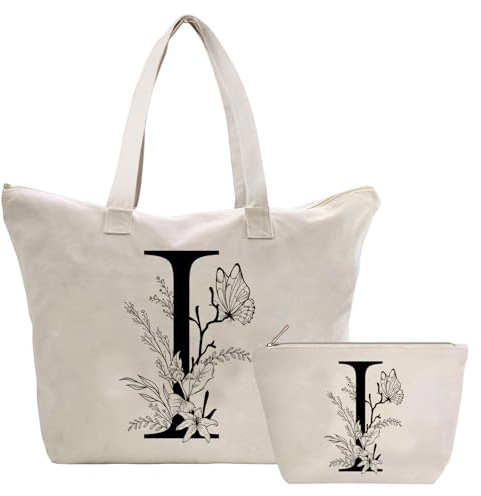 Personalisiert Initialen Tragetasche Canvas, Kosmetiktasche mit Reißver, Damen Handtasche Tote Bag, Einkaufstasche Geschenk für Frau Freundin Mama Schwester, Braut & Brautjungfern Schminktäschchen I