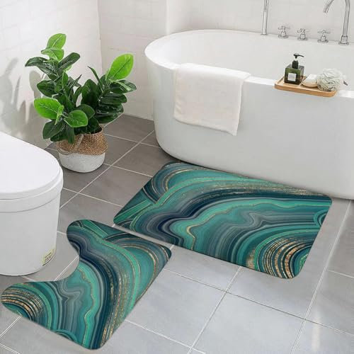 EYLOZS Badezimmerteppich Set 2 Teilig Waschbar rutschfeste Badematte Toilettenmatte Weich Saugfähige Badteppiche,Marmorierter blau-weiß-grüner und türkisfarbener Abstrakter Hgrund. Flüssiges Marmormu