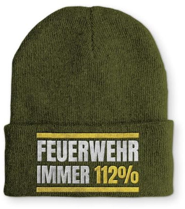 tshirtladen Mütze mit Spruch Feuerwehr Immer 112% Wintermütze lustige Beanie, Farbe: Olive