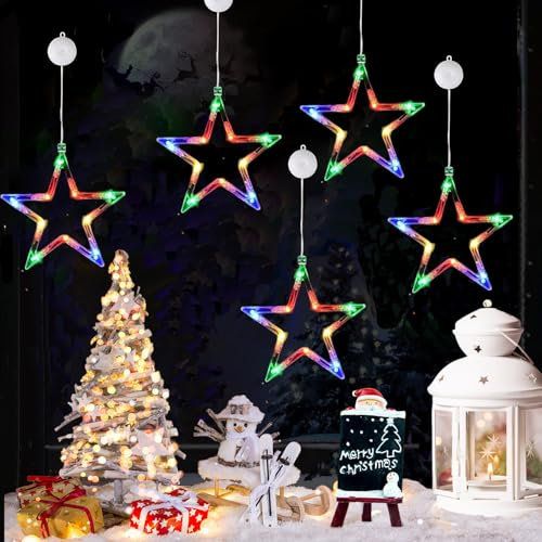 Weihnachtsdeko Fenster LED Sterne Weihnachtsbeleuchtung, 5 Stück Fensterdeko Lichterkette, Batterie, Timer, Bunt, Fensterbeleuchtung mit Saugnäpfe, Fenster Beleuchtet für Weihnachten Deko Innen