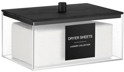 TIPGO Acrylic Dryer Sheet Holder with Lid, Clear Laundry Sheets Container with 27 Labels, Laundry Pods Storage for Laundry Room Organization - Black