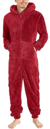 DUHENWU Overall Herren Winter Warm Jumpsuit Flauschig Schlafanzug Teddy Fleece Einteiler Onesie Kuschelig Weich Ganzkörperanzug Lang Einfarbig Hausanzug Mit Kapuze Plüsch Trainingsanzug