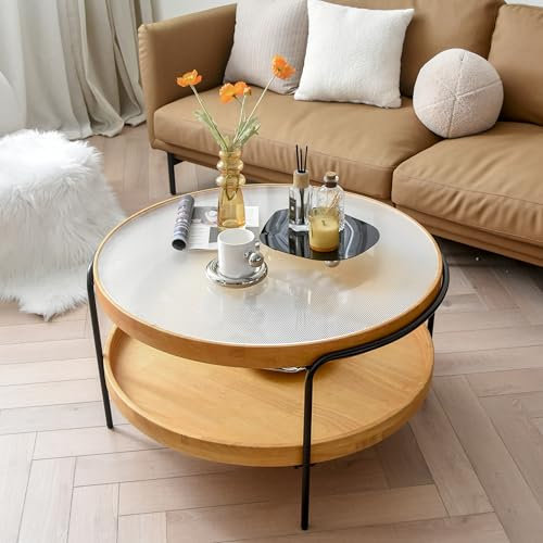 Zouron Table Basse Ronde Double (Plateau en Verre trempé), Table de Salon (chêne),Plateau en Verre trempé (Verre bégonia),82.5 * 82.5 * 45.5cm,Pieds Noirs