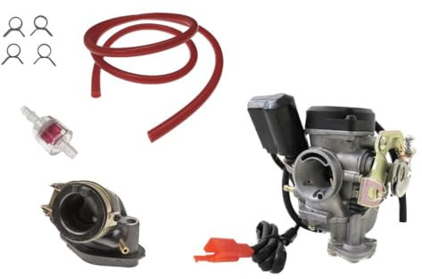 Vergaser + Ansaugstutzen + Roter Benzinschlauch Set passend für Rex RS 400 450 460 500, Kymco Agility, Sachs 49er – 50ccm GY6 4-Takt China Roller