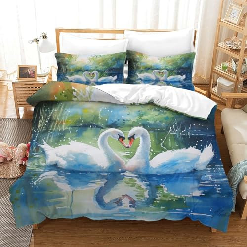 MEFESE Schwan Bettbezug Bettwäsche Kinderbettwäsche-Set Reißverschluss Mit Kissenbezug Betten Set Für Jungen Und Mädchen, Kinder Single(140x200cm)