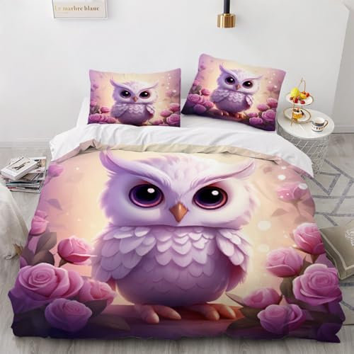 Bettwäsche-Set mit Eulen-Motiv, für Einzelbett, Kawaii-Tier-Eule, Mikrofaser, Bettwäsche-Set mit 2 Kissenbezügen, Rosenblüte, atmungsaktiver Bettdeckenbezug für alle Jahreszeiten, violett, für Kinder
