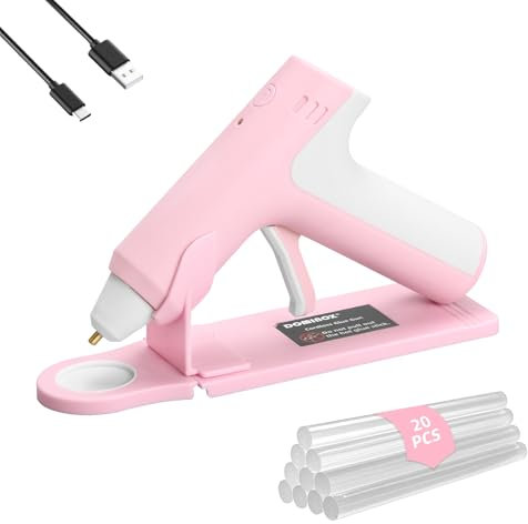 DOMINOX Cordless Hot Glue Gun with 20 Glue Sticks, 25s Fast Preheating, 2000mAh Type-C Rechargeable, Smart-Power-Off, for Art, Craft, DIY, Home Repairs, Pink