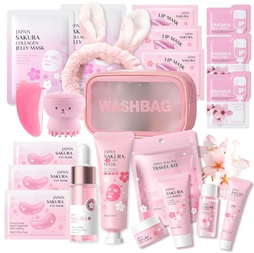 Sakura Gesichtspflege Skincare Set- Beauty Set Mädchen Japan Sakura Skin Care, Collagen Mask, Peeling Mask,Cleanser,Toner,Creme,Sunscreen,Lippenmaske, Pamper Geschenkset Frauen Teenager