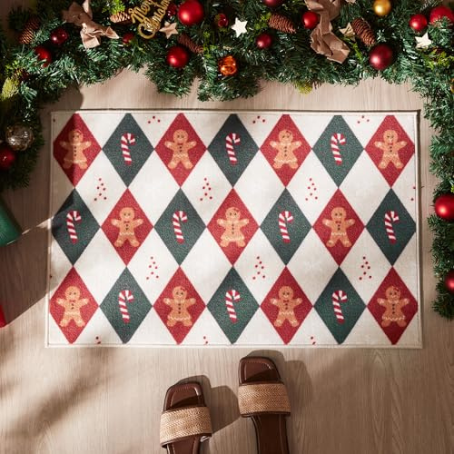 Sonive Christmas Door Mat Indoor, Non-Slip 50x80cm Gingerbread Man | Dirt Trapper Door Mat for Back & Front Door, Carpet Rug Machine Washable Entrance Rug Doormat Decorations