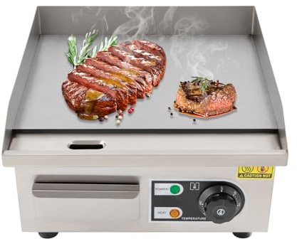 Commercial Electric Griddle 2000W UK 14 Inch Cooking Surface, 8mm Thick Plate Temperature Control 122-572°F, Non Stick Oil Storage Box Catering Kitchen Heavy Duty