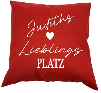 LaserGrote Personalisiertes Outdoor-Kissen mit Füllung | Outdoor-Kissen mit Spruch und Name | Kissen für Draußen & Drinnen mit Druck - inklusive Füllung (Lieblingsplatz, rot, 45cm * 45cm)