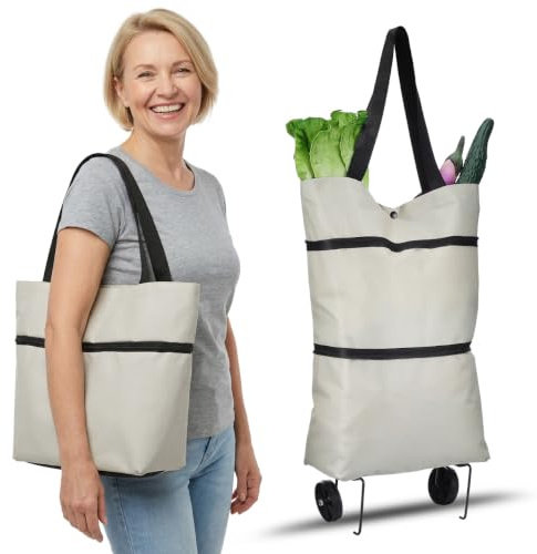 Cabilock Faltbare Einkaufstasche mit Rollen, Shopper für Alltag und Reisen | Khaki, Einkaufstrolley für Lebensmittel, Wäsche und Marktbesuche, kompakt verstaubar nach dem Gebrauch, für Besorgungen