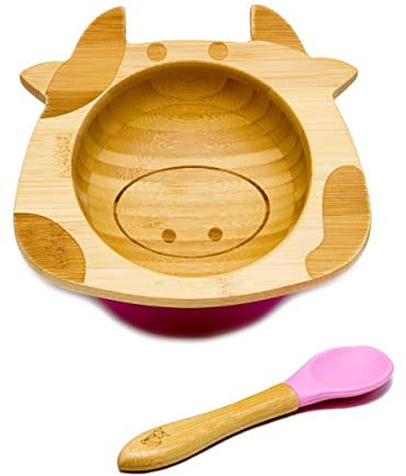 Kleiner Fuchs Bambus Baby Schüssel mit Saugnapf, Schüssel mit rutschfestem Saugnapf inkl. passendem Baby Löffel, hochwertiges Baby Geschirr Set mit Saugnapf inkl. Geschenkbox - Design Kuh