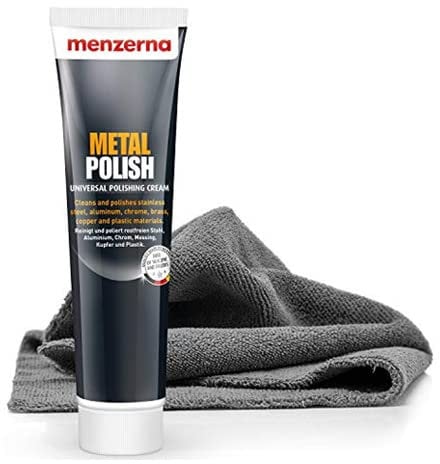 detailmate: Menzerna Metal Polish - 125 gr Tube - reinigt Edelstahl, Aluminium, Chrom, Kupfer, Silber, Kunststoff - verleiht Auspuff, Kühlergrill, Zierleisten perfekten Glanz + Mikrofaser Poliertuch