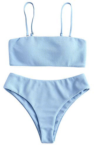 ZAFUL Damen Bikini Set, Texture Bandeau Bikini Set mit Gepolsterter High Cut Sexy Badeanzug (Blau-M)