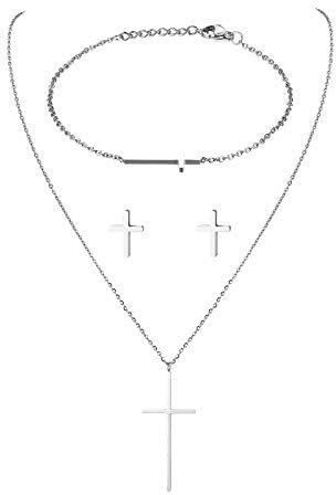 JewelryWe Schmuck Damen Armband Halskette Ohrringe Schmuckset Edelstahl Kreuz Anhänger mit Kette, Armkette & Ohrstecker Set für Frau Mädchen Silber