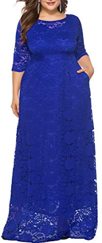 Eternatastic Women's Floral Lace 2/3 Sleeves Maxi Dress Plus Size Evening Party Dresses, Blue, 4XL