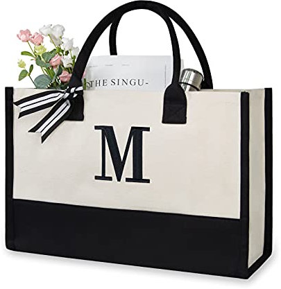 TOPDesign Embroidery Initial Canvas Tote Bag, Personalized Present Bag, Suitable for Wedding, Birthday, Beach, Holiday, is a Great Gift for Women, Mom, Teachers, Friends, Bridesmaids (Letter M)