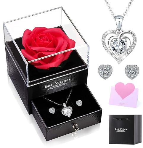 Ewige Rose Geschenke für Frauen[Herz Halskette Ohrringe]Schmuck Geschenkbox, Rosenbox Geburtstag Hochzeitstag Geschenke, Geburtstagsgeschenk Geschenk für Freundin Sie zum Geburtstag Valentinstag