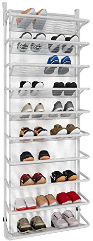 TZAMLI Schuhregal über der Tür mit 10 Ebenen, Hängend Schuhschrank Schuhablage Metall Schuh-Organizer für Speisekammer (Matt Weiß, 55 x 19,5 x 159cm)