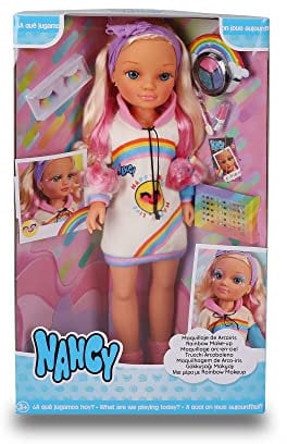 Nancy - Regenbogen-Schminkpuppe mit blondem Haar und rosa Strähnchen zum Schminken, mit viel Friseurzubehör, Lidschatten und Aufklebern, Famosa (700017110)