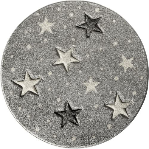 the carpet Monde Kids Moderner Weicher Kinderteppich, Weicher Flor, Pflegeleicht, Farbecht, Sterne, Grau, 120 cm Rund