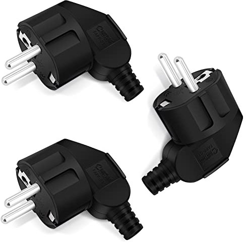 3 connettori Schuko, spina 250 V (16 A), spina con contatto di protezione con tappo antipiega, spina Schuko in plastica, infrangibile, durevole, può essere utilizzato per cavo da 8 a 10 mm [classe