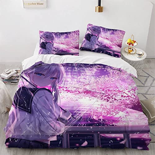 Bettwäsche Anime Frau Bettbezug 155x220 mit Reißverschluss 100% Mikrofaser Bettwäsche-Sets Japanische Kirschblüten 3D Druck Kinder Teenager Pflegeleicht Betten Set mit 2 Kissenbezüge 80x80 cm