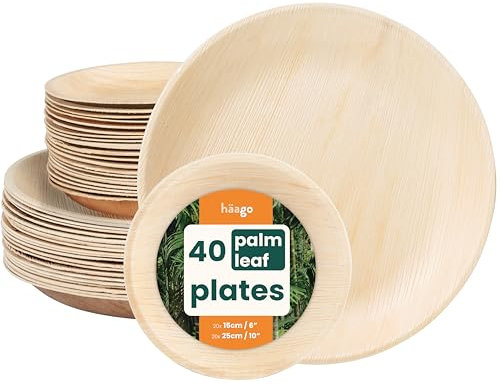 HAAGO 40 Palm Leaf Disposable Plates - Compostable, Eco-Friendly Like Wooden & Bamboo Plates for Hot & Cold Food, Microwave & Freezer Safe Alternative to Paper Plate, 15cm & 25cm Disposable Plate