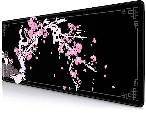 SXCKANG Japanese Pink Cherry Blossom Desk Pad, Black Long Mouse Pad Deskmat, Cute Desk Mat for Desktop, Women Computer Laptop Protector Writing Pads for School Office, 31.5 X 11.8 in- Sakura Flowers