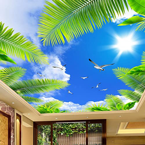 ZONOKI Papier Peint 3D Panoramique Plafond Ciel Bleu Nuages ​​Blancs Plage Arbre, Trompe L'Oeil Papier Peint Photo Poster Geant DéCor Mural - pour Le Mur de Fond Du Canapé Tv Du Salon 200 x 140 cm