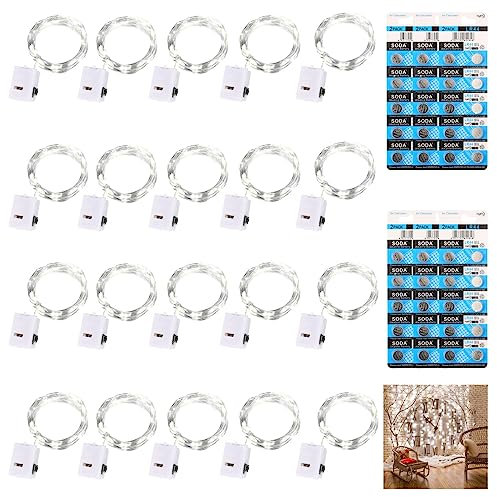 20 Pezzi Luci Stringa con 120 Batterie, 2M 20 LED 3 Modalità Lucine Led a Batteria Filo Di Rame, Catena Luminosa Impermeabile Decorative Natale per Esterni e Interni Feste Matrimonio(Bianco Freddo)