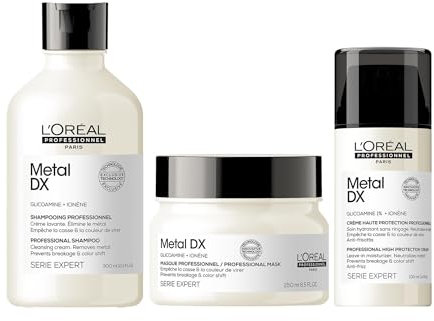 L'Oréal Professionnel Pflegetrio für alle Haartypen, beugt Haarbruch & Farbveränderungen vor, Anti-Frizz, Hitze- & UV-Schutz, Mit Glicoamin, Serie Expert, Metal DX Shampoo, Maske & Leave-in Creme