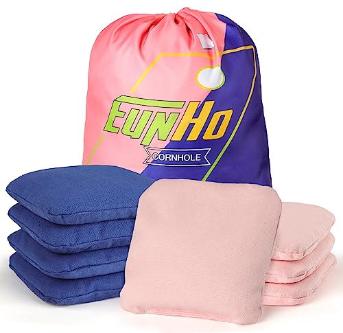 EunHo Regulation Cornhole Bags Set mit 8 Stück, doppelseitig, glatt und haftend, Cornhole-Sitzsäcke für Wurfspiele, professionelle Allwetter-Pro-Maislochbeutel mit Tragetasche, Rosa / Blau