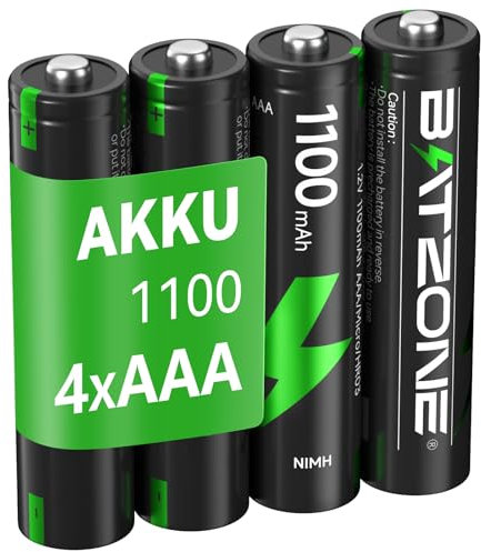 BATZONE wiederaufladbare AAA Akkus 4 Stück, Micro AAA Akku, Typ NI-MH 1100mAh AAA Akkus, geringe Selbstentladung 1.2v AAA Batterien, mit Batterie Schutzbox