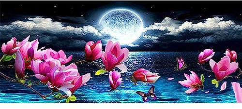SHEGZHUC Cuadros Diamantes Paisajes 110 x 50 cm Pintura Diamante Flor de Loto Lotus Cuadro Diamantes Mariposa Pintura de Diamantes Luna Pintura de Diamantes del Mar Diamond Painting Paisajes Grandes