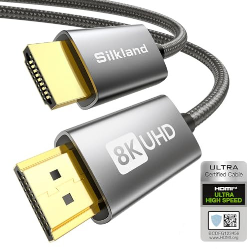 Silkland 8K HDMI 2.1 Cable 1M, HDMI eARC Cable para Soundbar 48Gbps, PS5 HDMI Cable 4K@120Hz, 2K@240Hz/144Hz, 8K@60Hz, Dynamic HDR, Dolby Atmos, HDCP 2.2/2.3 para Fire TV, HDTV, Xbox Series X/S