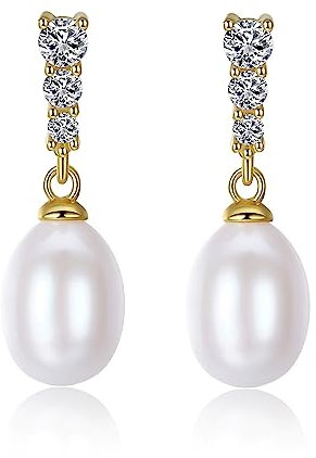 Bellitia Jewelry Perlenohrringe Silber Ohrhänger Dangle Ohrringe Damen Sterling Silber 925 Tropfen Ohrringe mit Perlen & CZ Diamant, Perlenohrschmuck Hängend mit Echten Süßwasserperlen