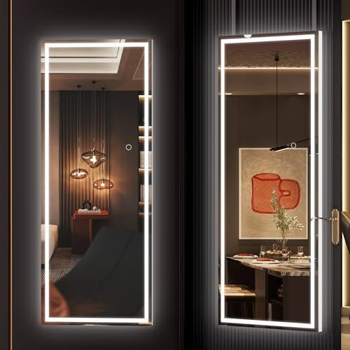 Hasipu Miroir de porte LED pleine longueur, 111,8 x 40,6 cm, miroir lumineux à suspendre sur la porte, miroir mural intégral, miroir de coiffeuse lumineux, carré, blanc