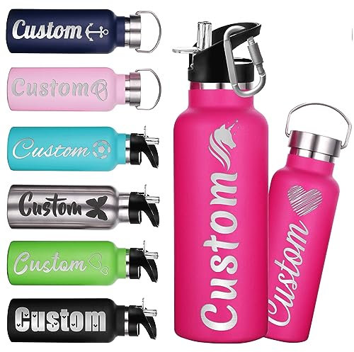 Custom Water Bottles 12oz Personalised Stainless Steel Water Bottle with Straw Lid Customised Insulated Double Wall Bottles with Engraved Name Text for School Sports-Rose Red