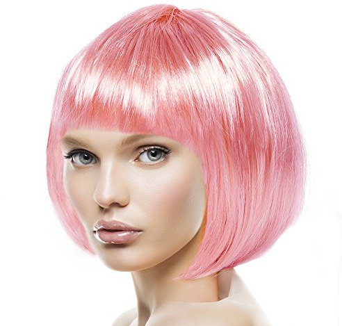 TrendandStylez Bob Perücke unisex, rosa, Pagenkopf mit Pony, Damen und Herren Kunsthaar, Wig für Karneval, Fasching, Cosplay