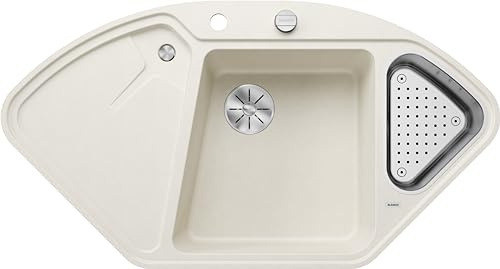BLANCO DELTA II-F | Granitspüle aus SILGRANIT softweiß | [104,2x56x19,5 cm] | für 80 cm breite Unterschränke | Ergonomische Anordnung | Eckspüle | Hauptbecken links